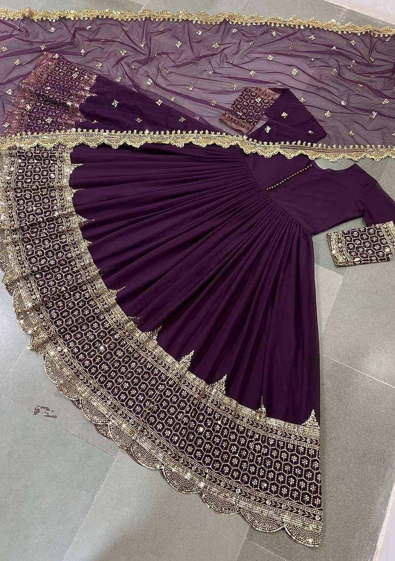 Purple Embroidered Georgette Anarkali With Dupatta - Indya