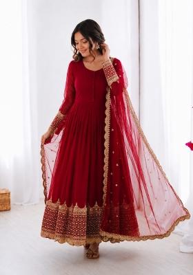 Rani Pink Embroidered Georgette Anarkali With Dupatta