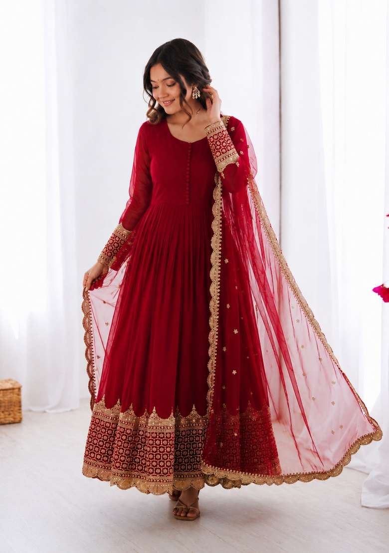Rani Pink Embroidered Georgette Anarkali With Dupatta - Indya
