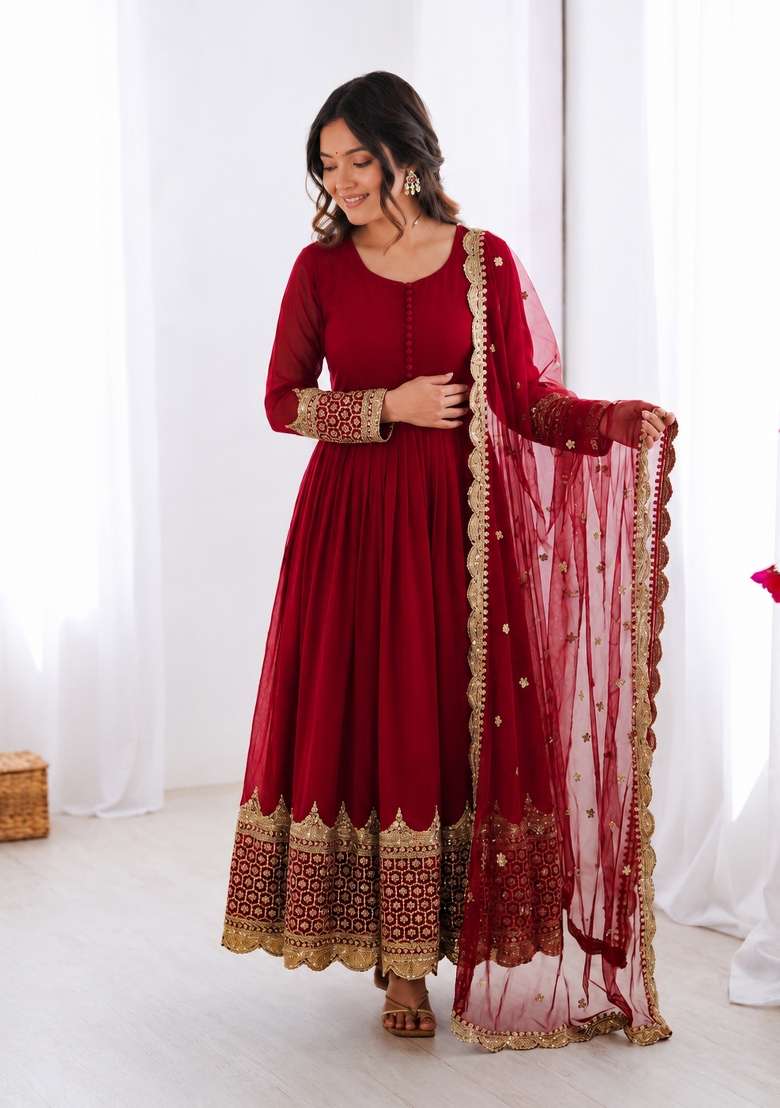 Rani Pink Embroidered Georgette Anarkali With Dupatta - Indya