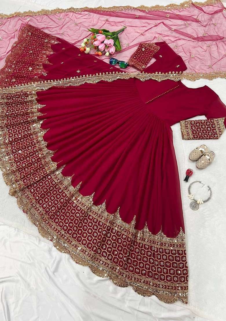 Rani Pink Embroidered Georgette Anarkali With Dupatta - Indya