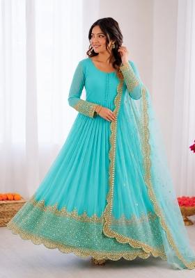 Sky Blue Embroidered Georgette Anarkali With Dupatta