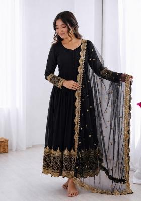 Black Embroidered Georgette Anarkali With Dupatta
