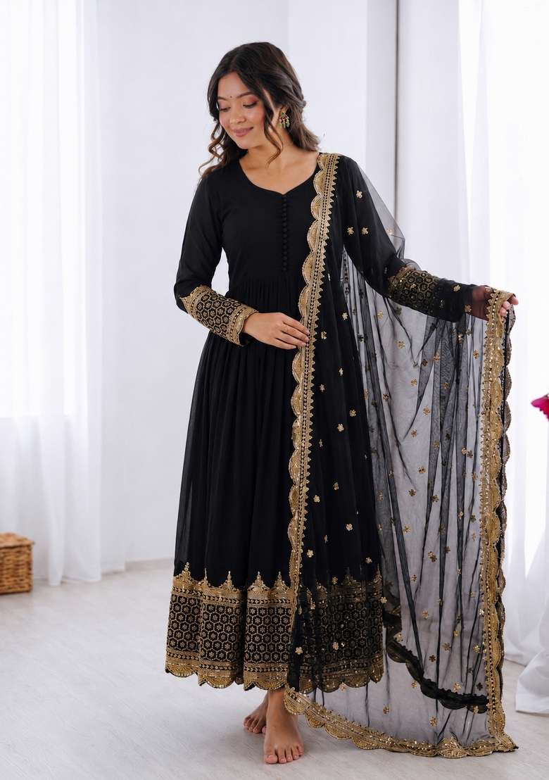Black Embroidered Georgette Anarkali With Dupatta - Indya