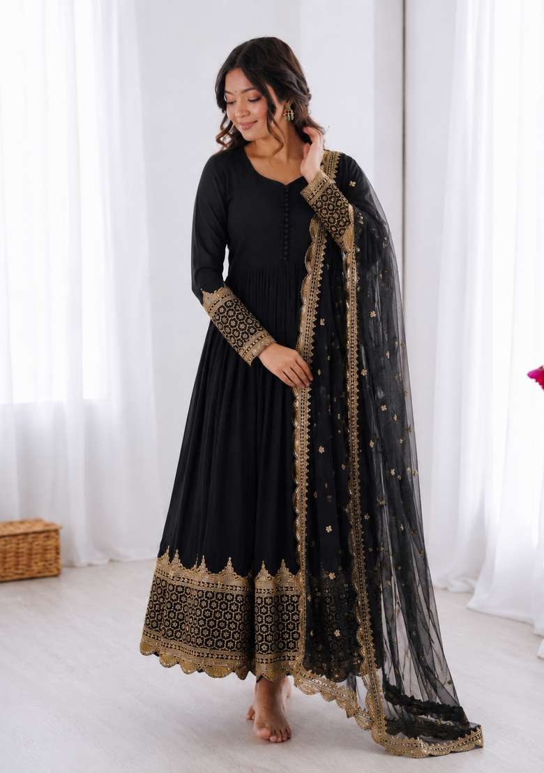 Black Embroidered Georgette Anarkali With Dupatta - Indya