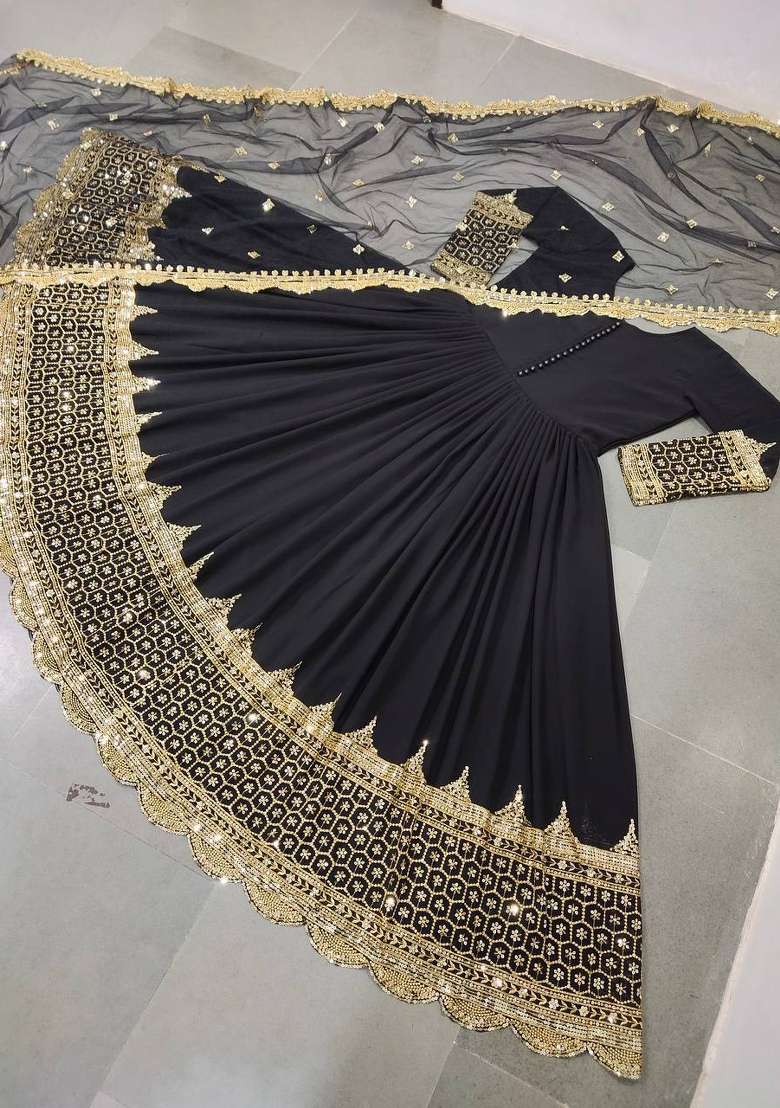 Black Embroidered Georgette Anarkali With Dupatta - Indya