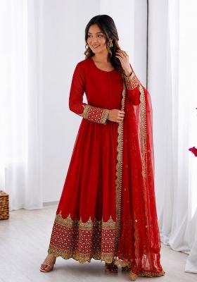 Red Embroidered Georgette Anarkali With Dupatta