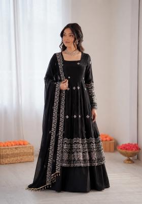 Black Embroidered Silk Anarkali Set