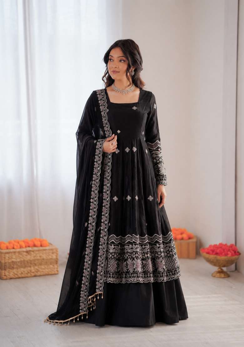 Black Embroidered Silk Anarkali Set - Indya