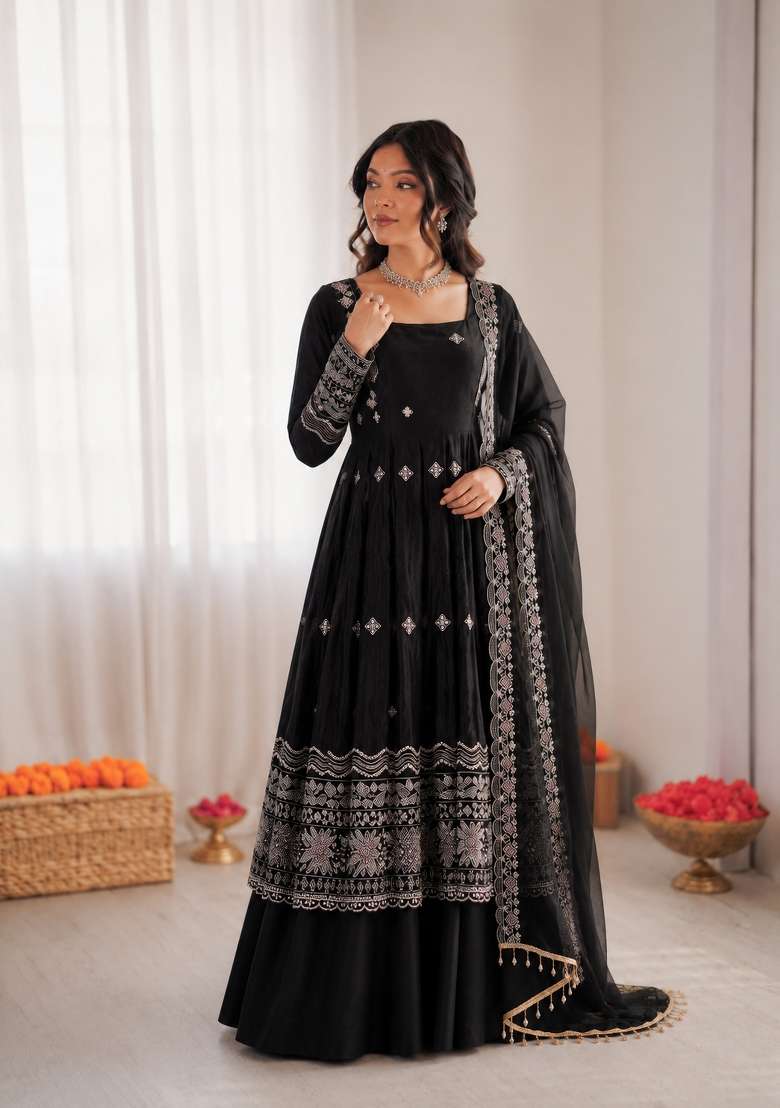 Black Embroidered Silk Anarkali Set - Indya