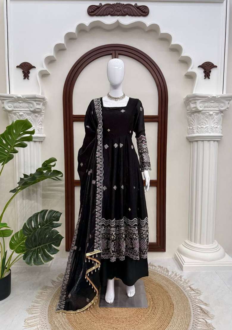 Black Embroidered Silk Anarkali Set - Indya
