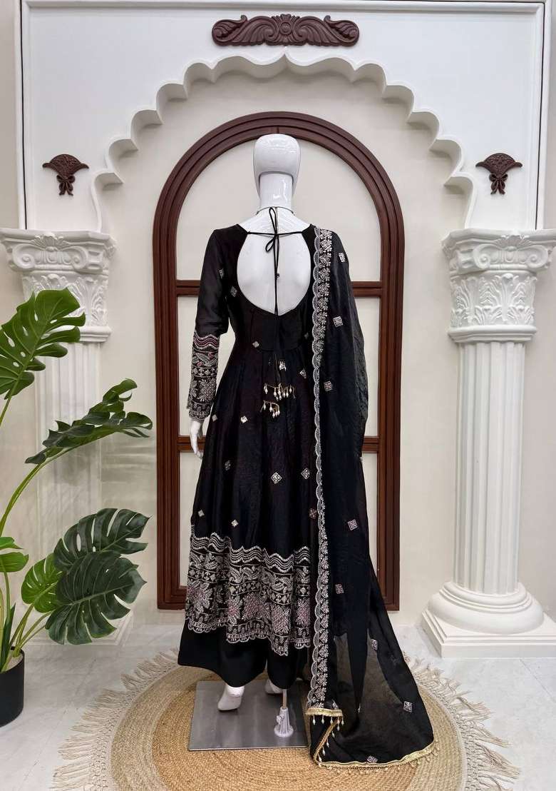 Black Embroidered Silk Anarkali Set - Indya