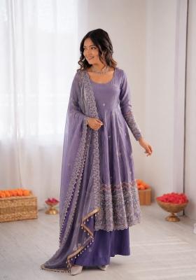 Lavender Embroidered Silk Anarkali Set