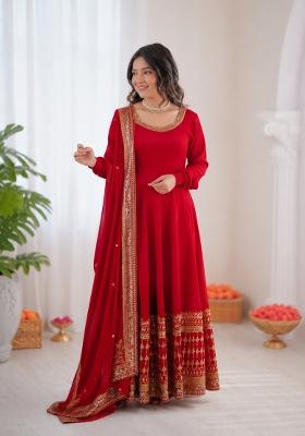 Red Embroidered Silk Anarkali Set