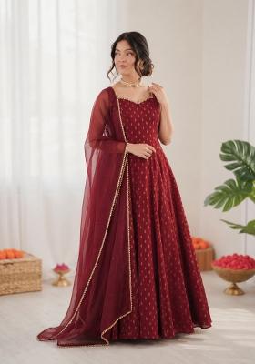 Maroon Jacquard Silk Anarkali Set