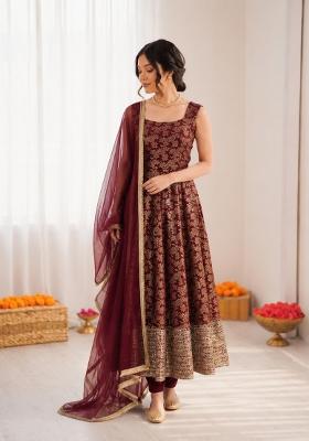 Maroon Embroidered Silk Anarkali Set