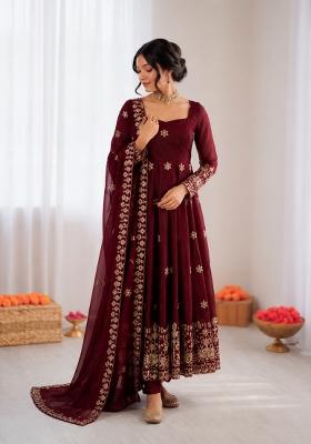 Maroon Embroidered Silk Anarkali Set