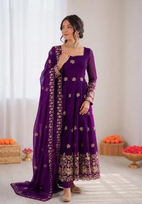 Violet Embroidered Silk Anarkali Set