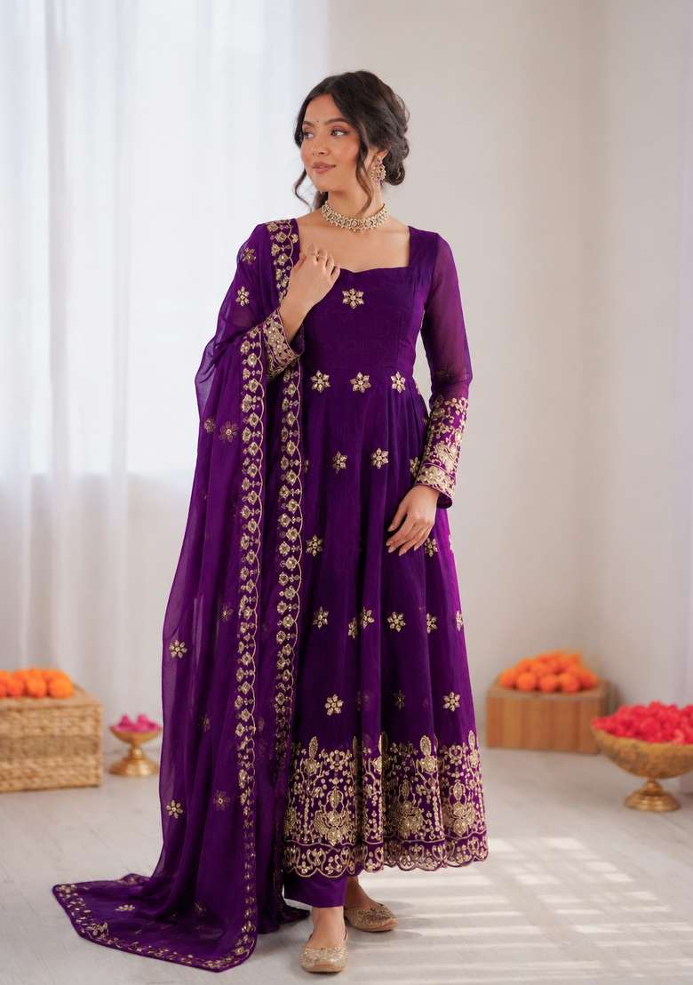Violet Embroidered Silk Anarkali Set - Indya