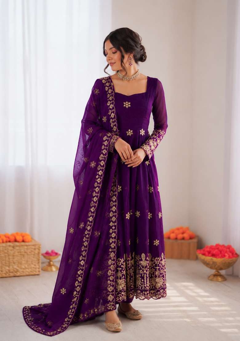 Violet Embroidered Silk Anarkali Set - Indya
