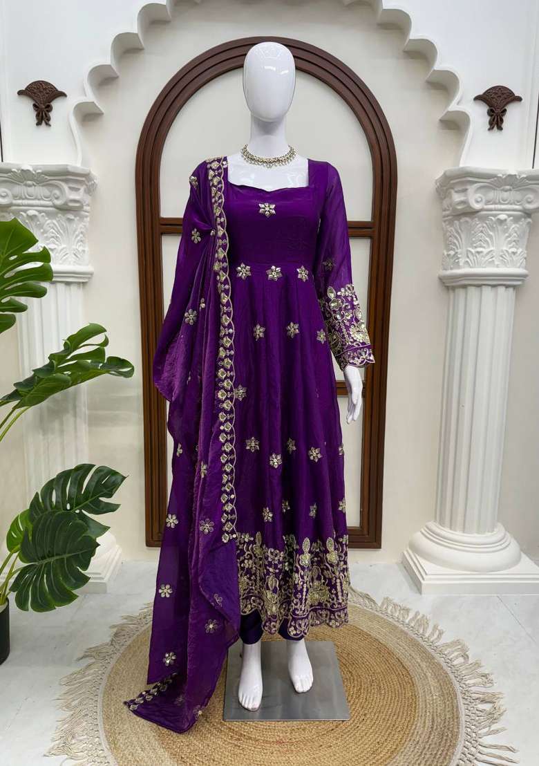 Violet Embroidered Silk Anarkali Set - Indya