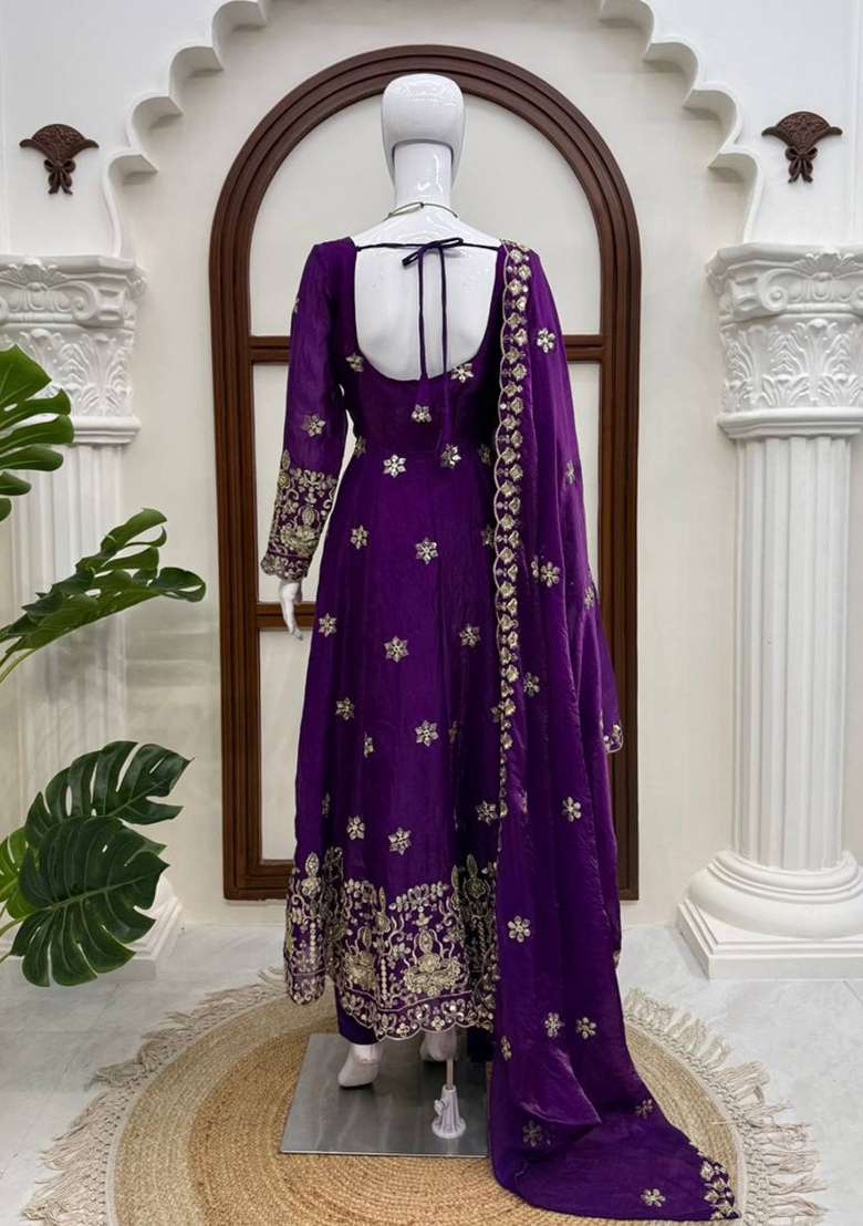 Violet Embroidered Silk Anarkali Set - Indya