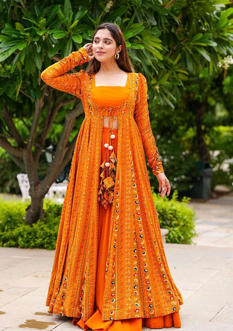 Yellow Printed Georgette Palazzo Set - Indya