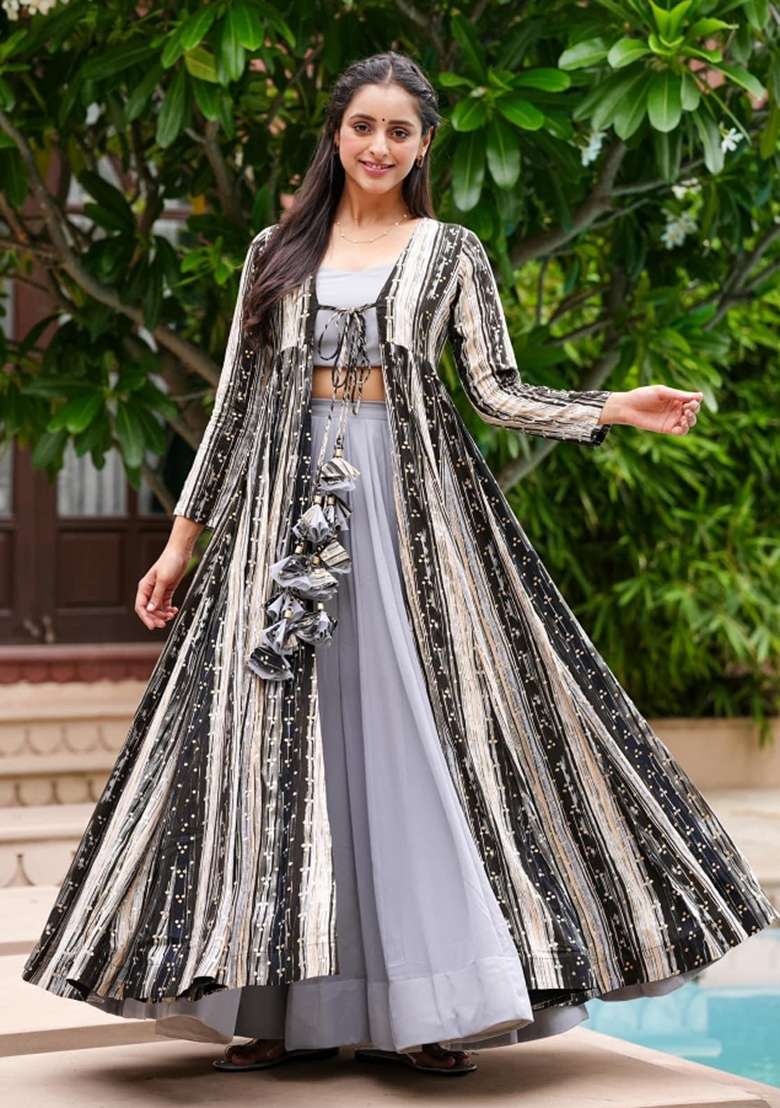 Grey Printed Georgette Palazzo Set - Indya