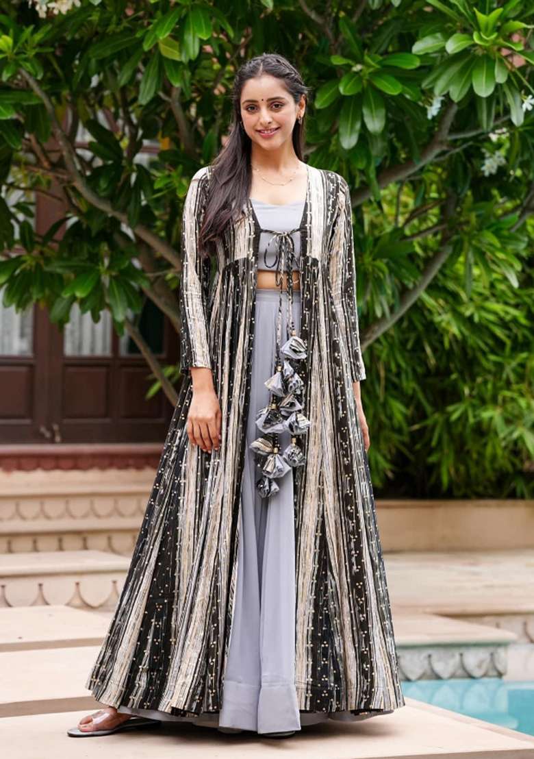 Grey Printed Georgette Palazzo Set - Indya