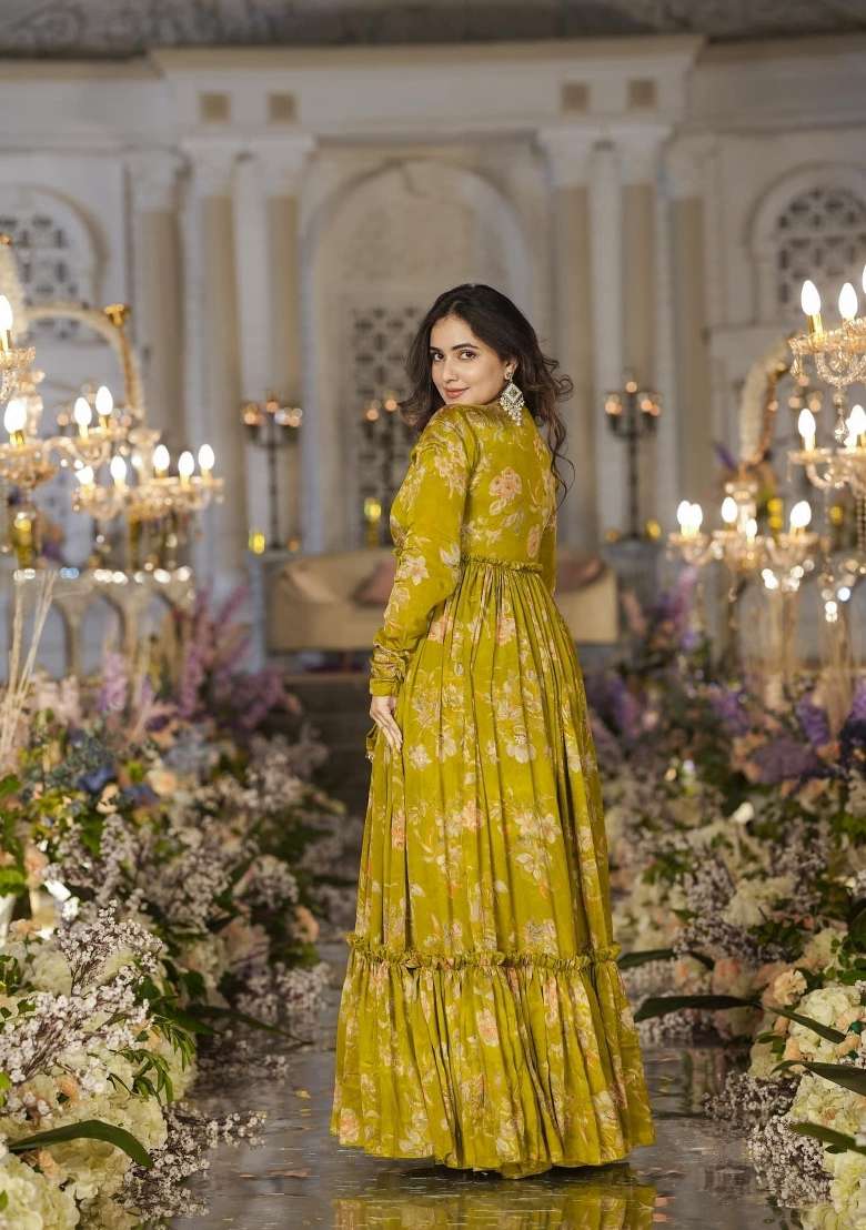 Green Printed Chinon Kurta Set - Indya