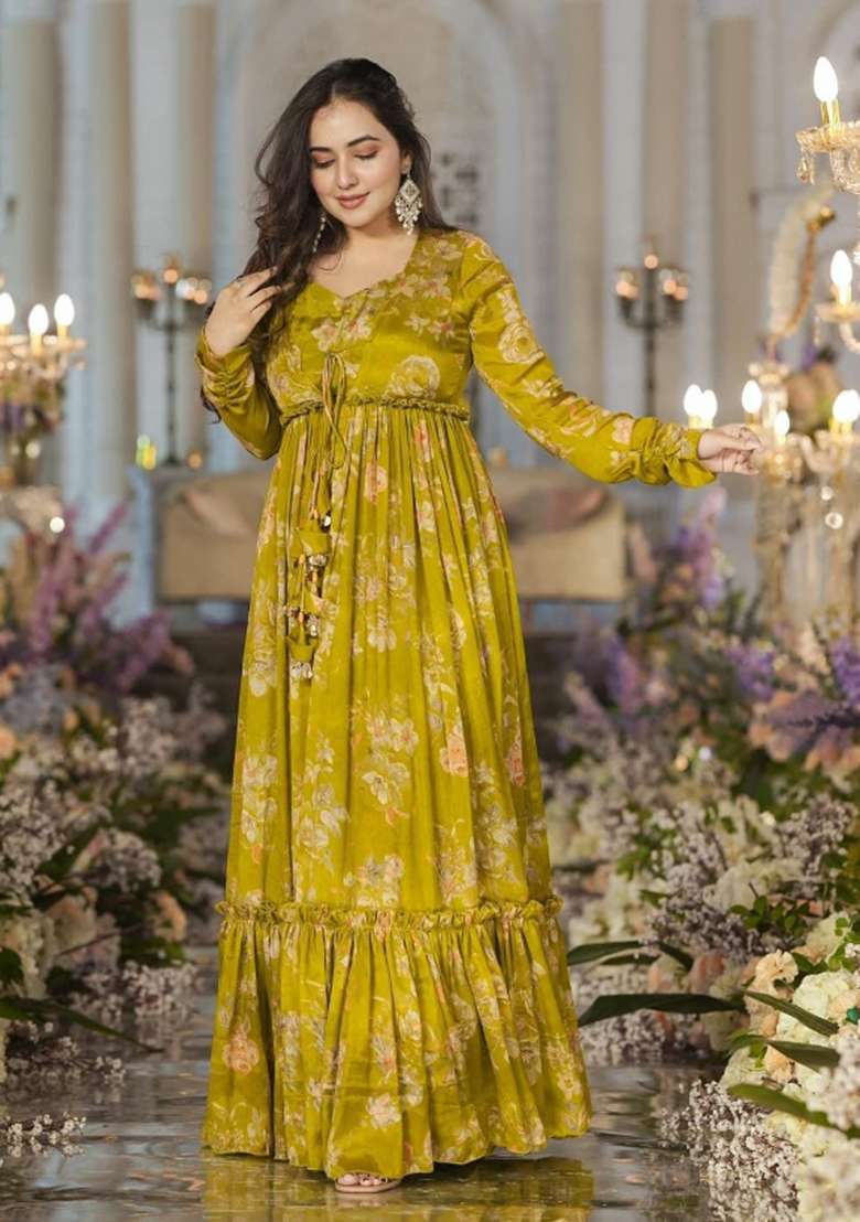 Green Printed Chinon Kurta Set - Indya
