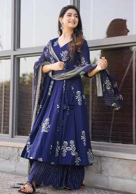Blue Printed Muslin Kurta Set