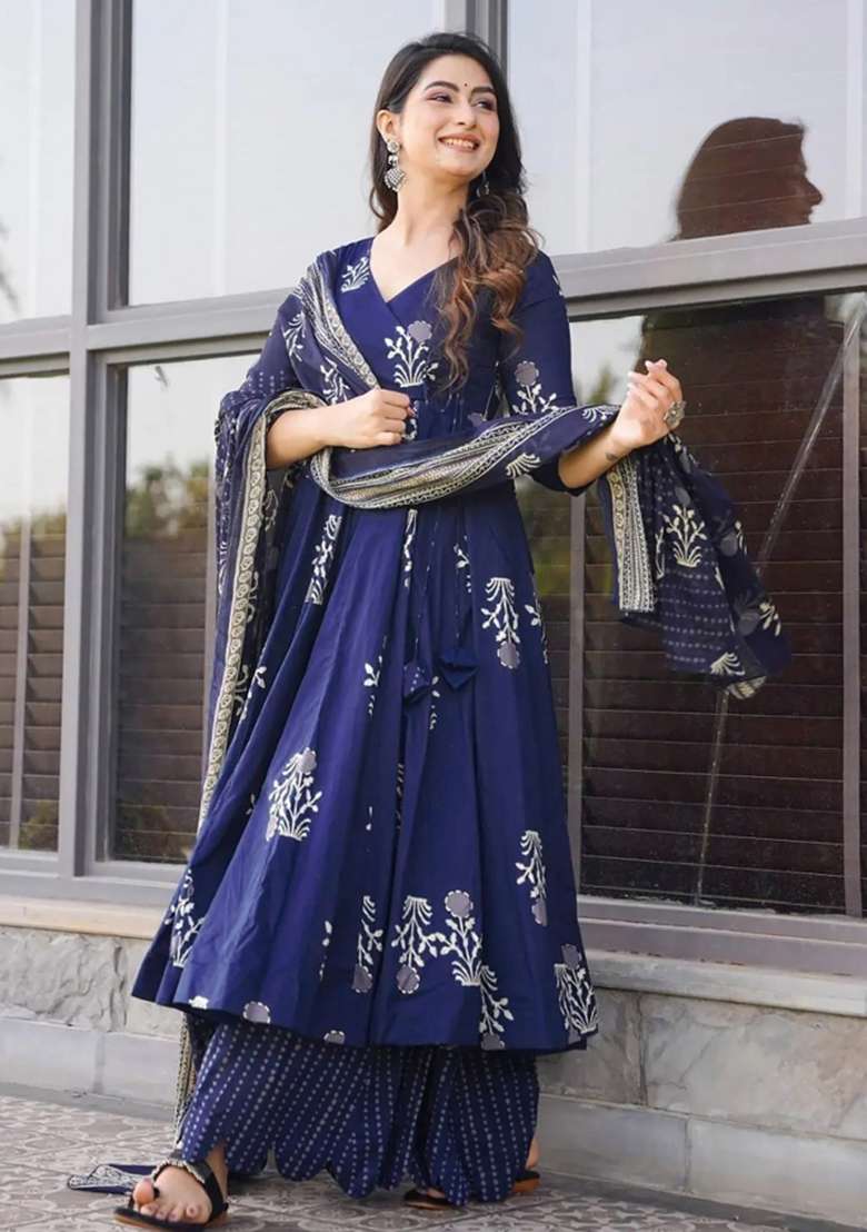 Blue Printed Muslin Kurta Set - Indya
