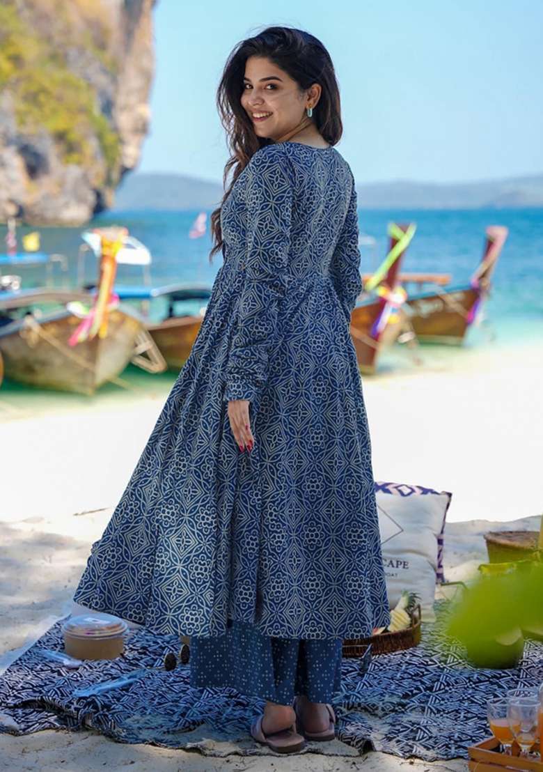 Blue Printed Muslin Kurta Set - Indya