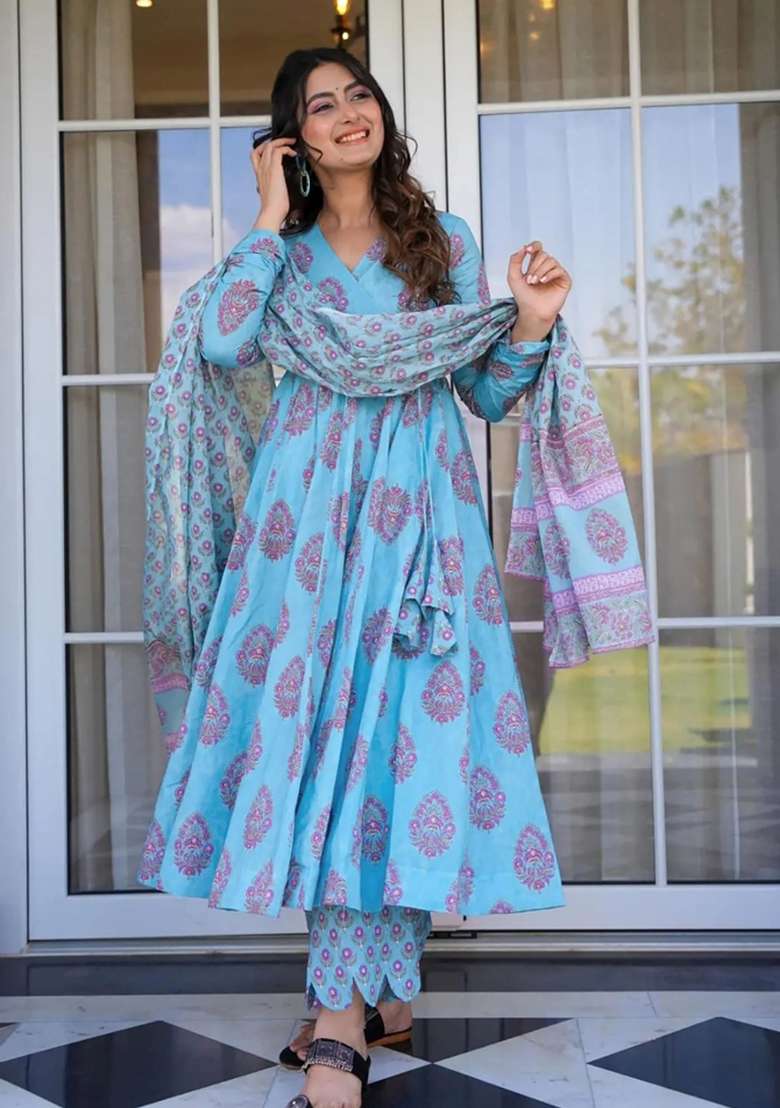 Sky Blue Printed Muslin Kurta Set - Indya