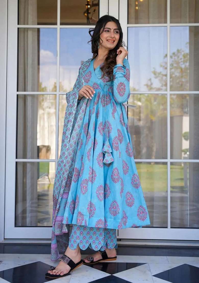 Sky Blue Printed Muslin Kurta Set - Indya