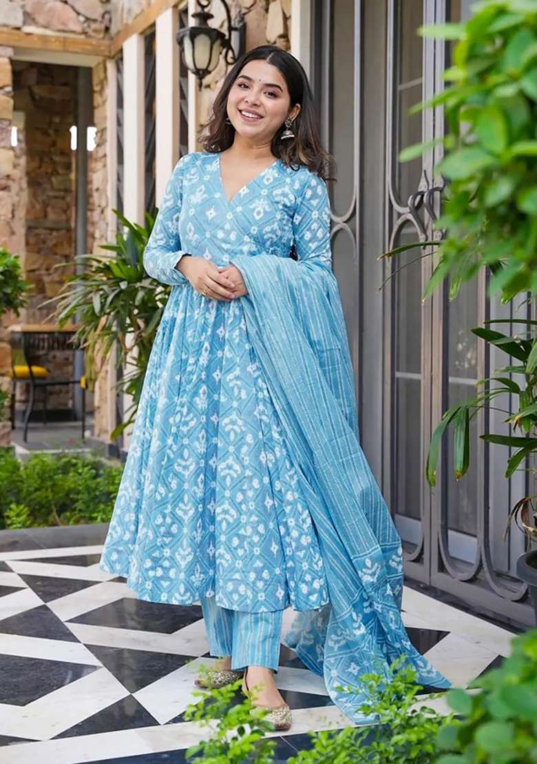Sky Blue Printed Muslin Kurta Set - Indya
