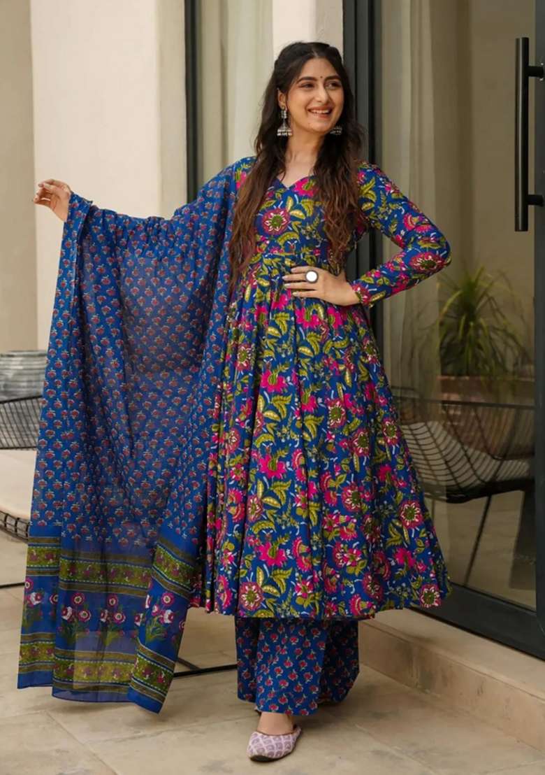 Blue Printed Muslin Kurta Set - Indya