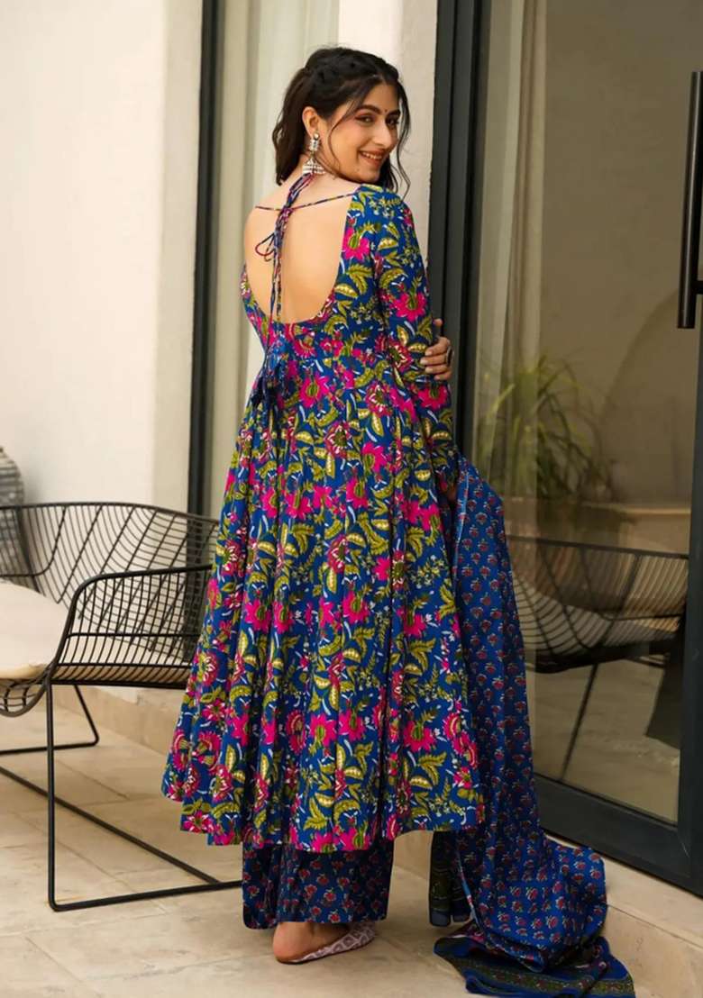 Blue Printed Muslin Kurta Set - Indya