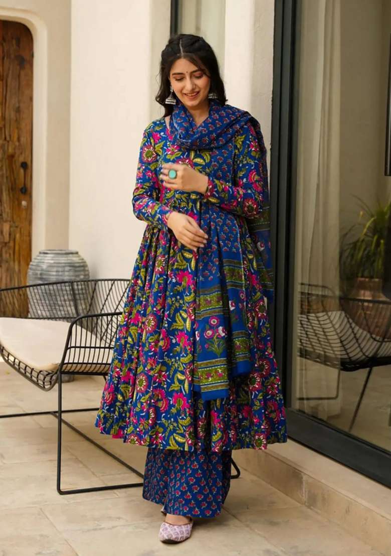Blue Printed Muslin Kurta Set - Indya