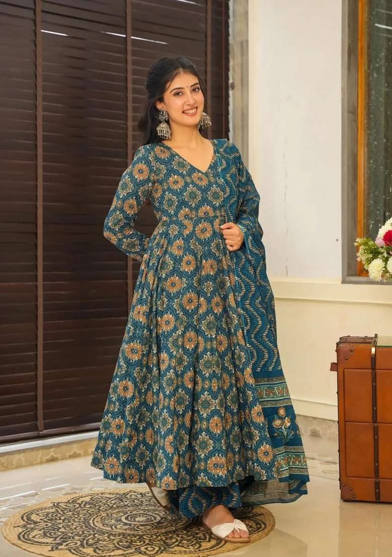 Blue Printed Muslin Kurta Set - Indya