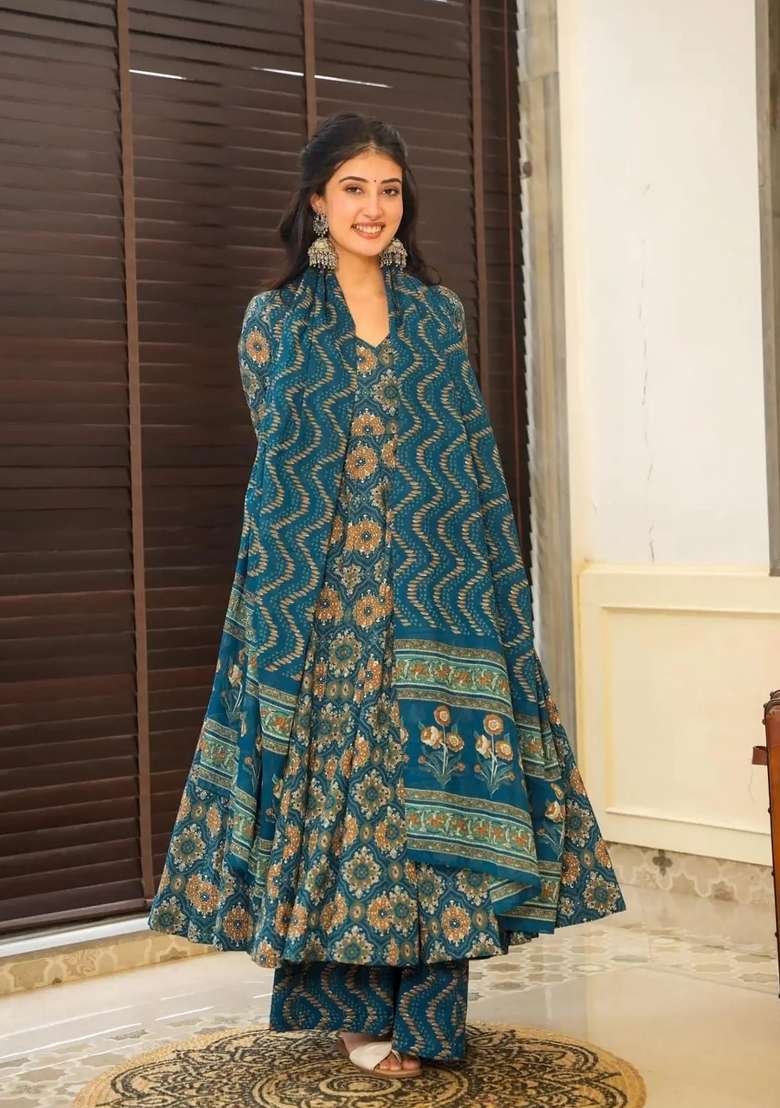 Blue Printed Muslin Kurta Set - Indya