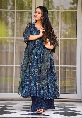 Blue Printed Muslin Kurta Set