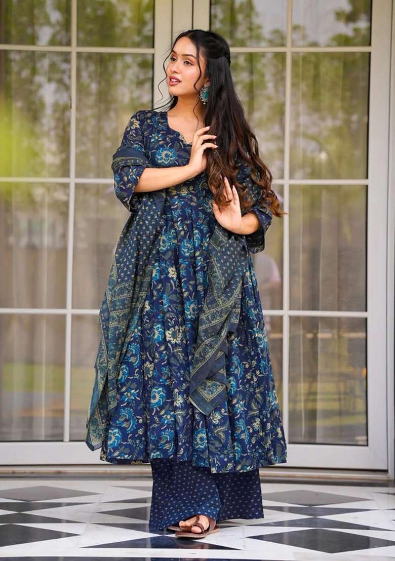 Blue Printed Muslin Kurta Set - Indya