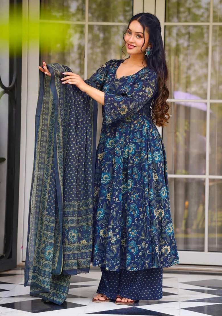 Blue Printed Muslin Kurta Set - Indya