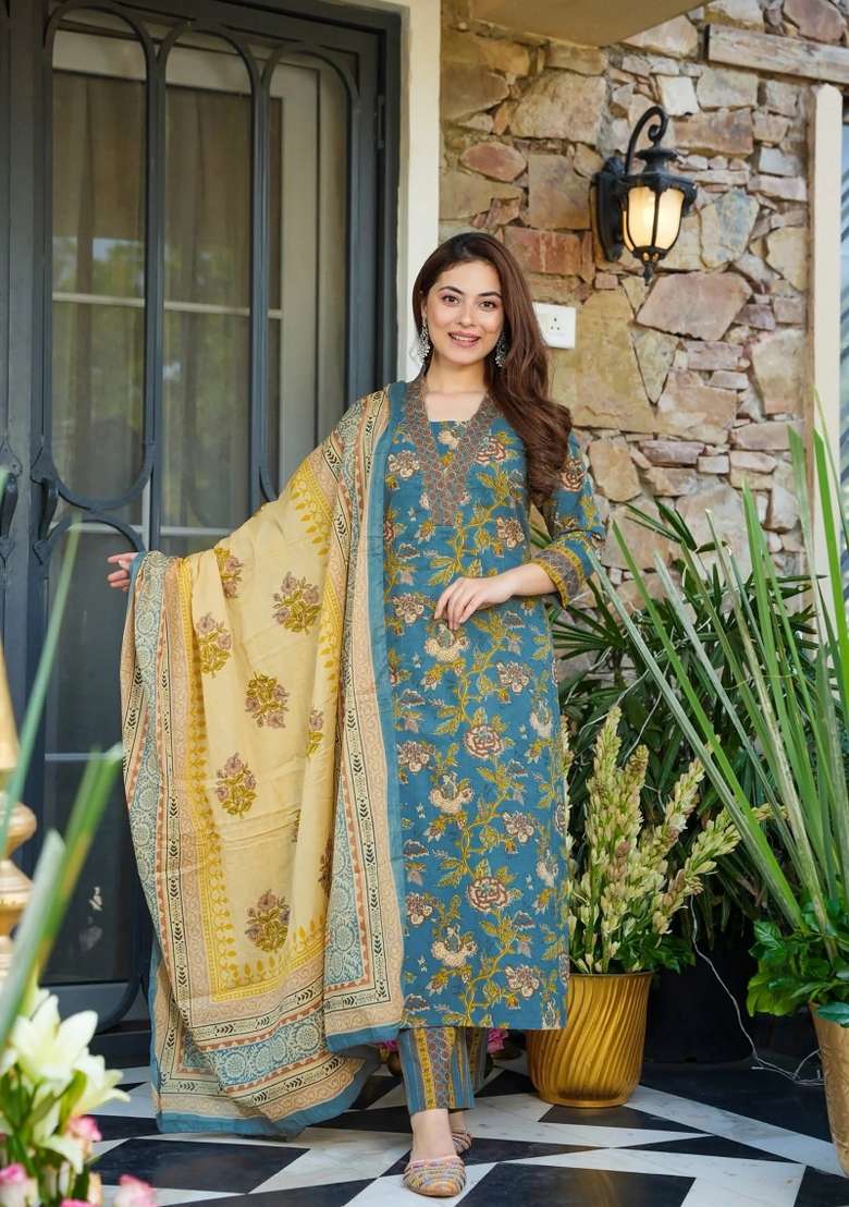 Blue Printed Muslin Kurta Set - Indya