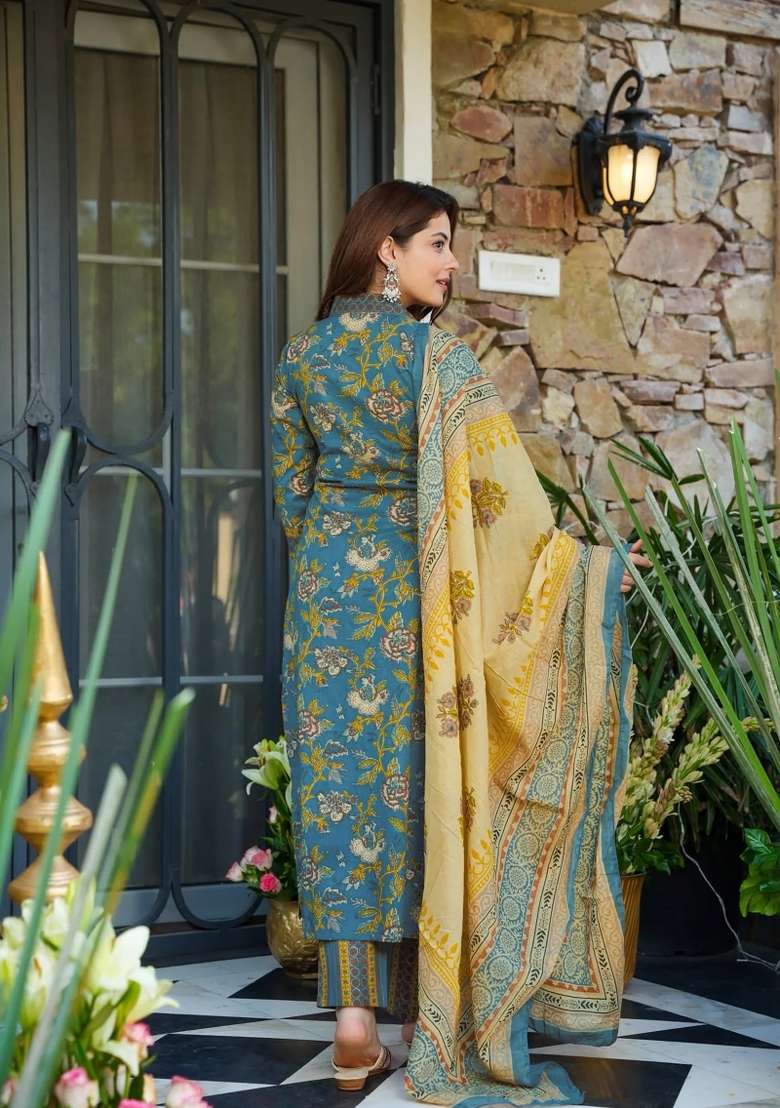 Blue Printed Muslin Kurta Set - Indya