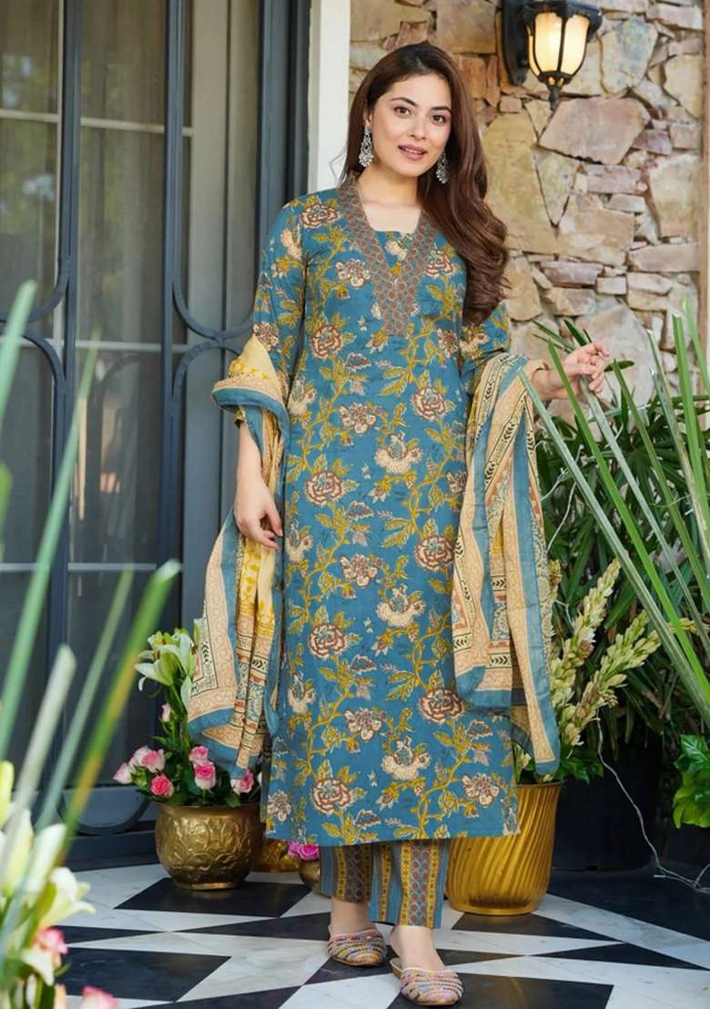 Blue Printed Muslin Kurta Set - Indya