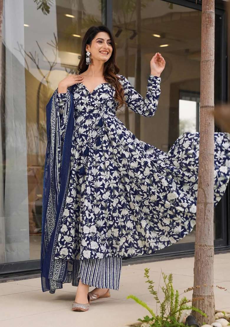 Blue Printed Muslin Kurta Set - Indya