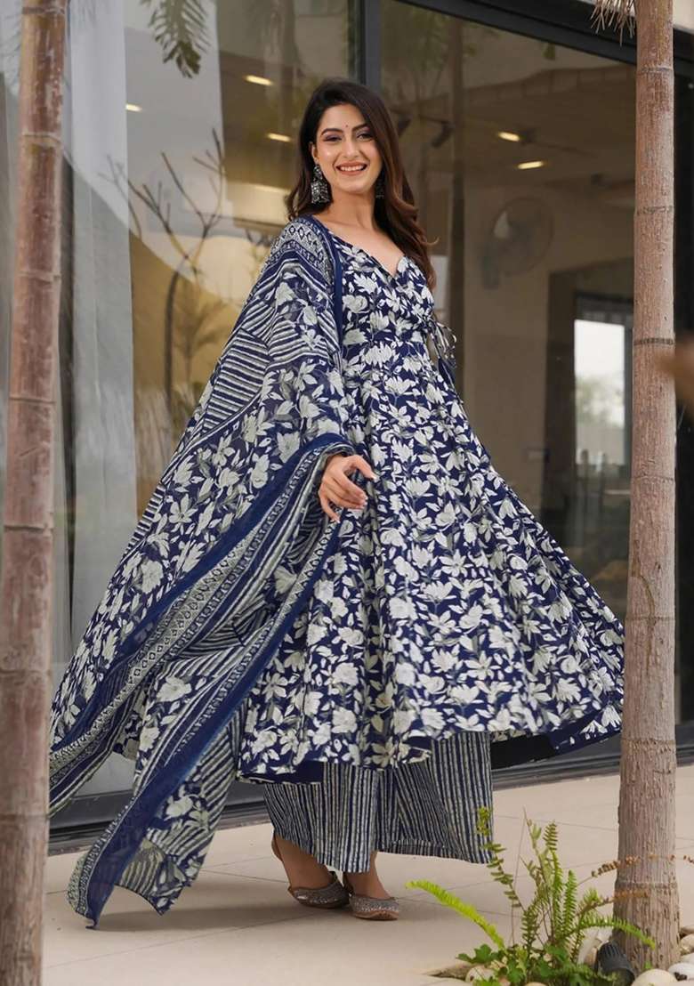 Blue Printed Muslin Kurta Set - Indya